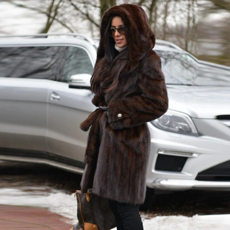 BFFUR Women Real Mink Fur Coats With Hood Natural Full Pelt Genuine Mink Fur Coat Fur Belts Luxury Dark Brown Fur Overcoats