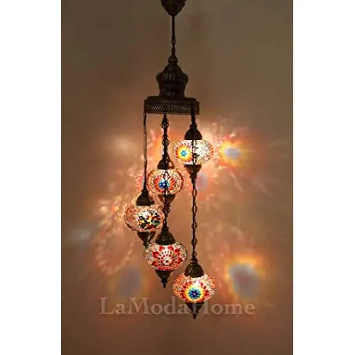 LaModaHome 40 + Unique Colors, 2020 Customizable Chandelier 5 Globes + Free 5 Bulbs, stunning Mosaic Turkish Lamp Moroccan Light