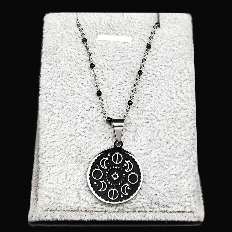 Fashion Lunar Cycle Moon Phase Stainless Steel Black Enamel Pendant Necklace Round Galaxy Necklace For Women Men Jewelry N2057-2