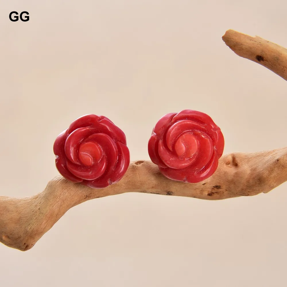 G-G Natural Carven Red Coral Flower Stud Earrings For Women