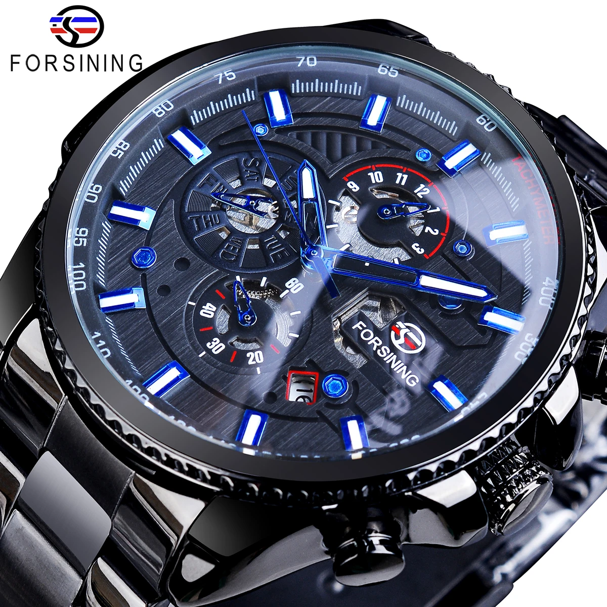 

Forsining 3 Dials Man Waterproof Mechanical Wristwatch Sport Style Automatic Men's Outdoor Watches Steel Black Calendar Watch