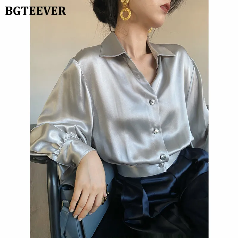 BGTEEVER Vintage Satin Women Blouses Autumn Winter Lapel Lantern Sleeve Loose Single-breasted Female Shirts Short Tops 2021