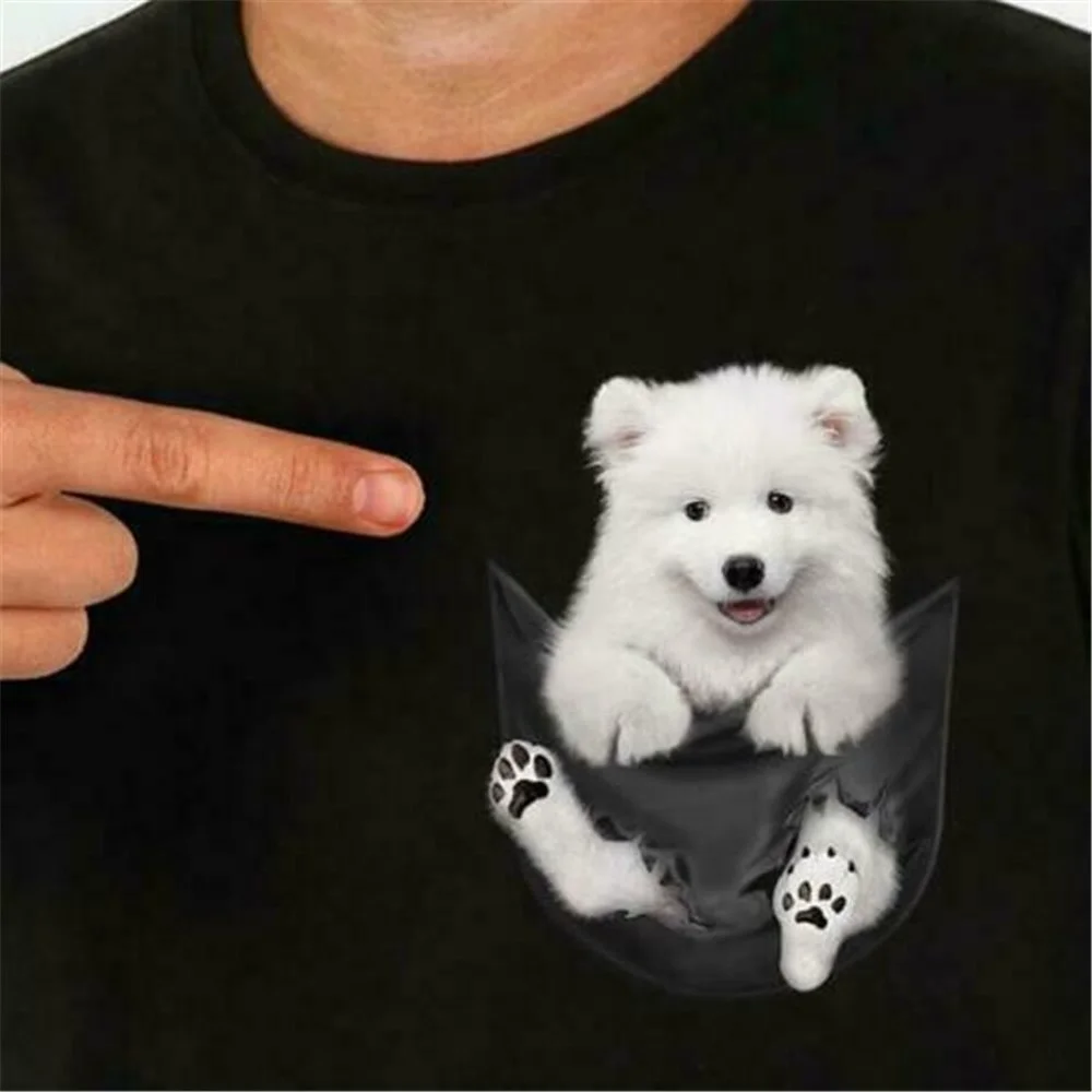 CLOOCL Cute Black and White Husky Puppy Dog Inside Pocket 100% Cotton Tshirt Dog Lover T-Shirt Summer Cotton Men Tee Shirt