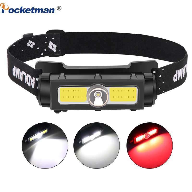 Super Powerful COB LED Headlamp Waterproof Headlight White/Red Warning Light Head Lamp USB Rechargeable Head Light