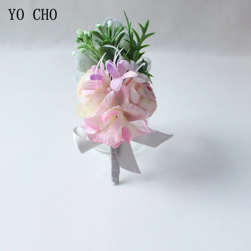 YO CHO Artificial Rose Hydrangea Flowers Wedding Boutonniere Groom Corsage Bridal Wrist Corsages Bracelet Pink Marriage Supplies