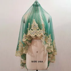 Customized Green Tulle Gold Lace Wedding Veil, Short Bridal Veil WITHOUT Comb, Wedding Accessories, Muslim Veil No Comb