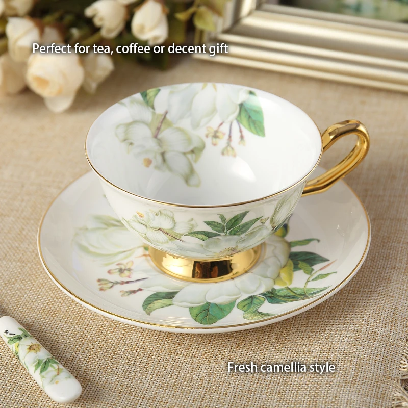 Camellia Bone China Coffee Set British Porcelain Tea Set Ceramic Pot Creamer Sugar Bowl Teatime Teapot Coffee Cup Mug Coffeeware