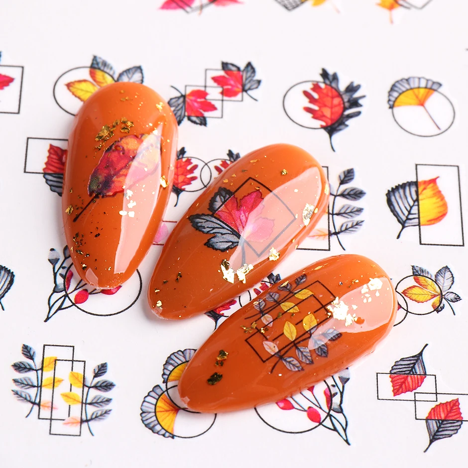 12pcs Golden Maple Leaf Nail Water Decals Geometry Fox Pumpkin Transfer Slider Autumn Design Fall Sticker Manicure NTBN1909-1920