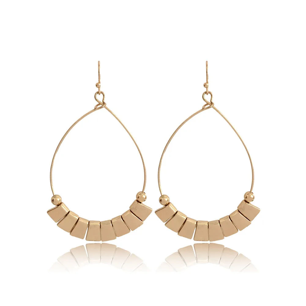 New Fashion Ethnic Style Water Drop Shape Dangle Earring Gold Color Hoop with Small Bead and Zinc Piece Charm Earrings