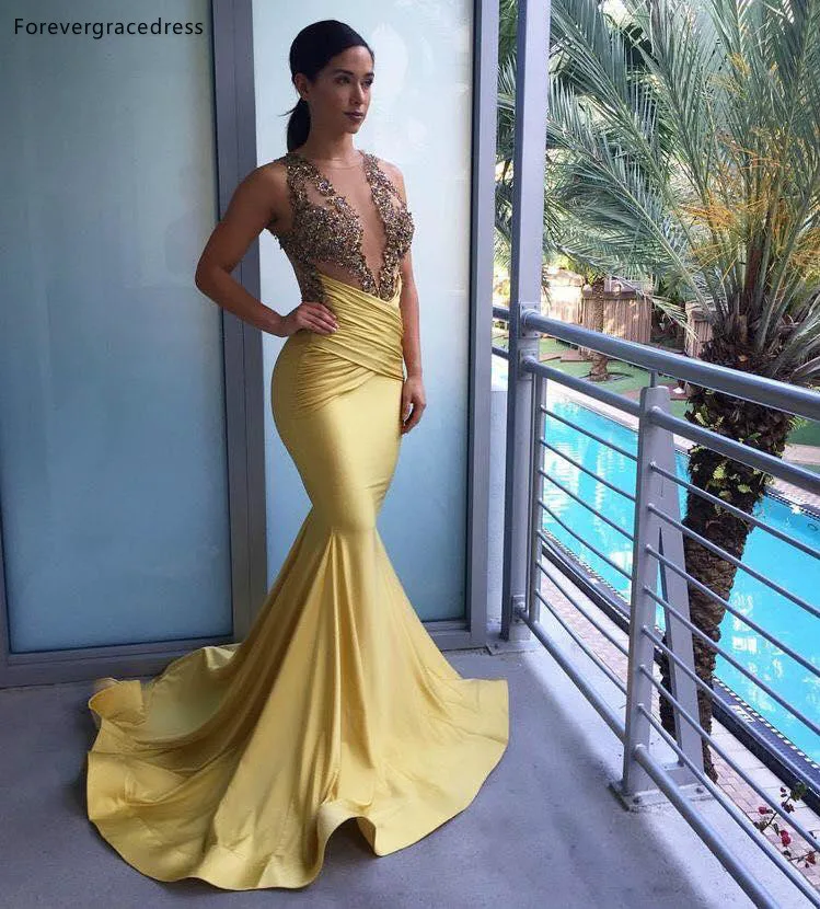 Daffodil Colour Prom Dresses Mermaid V Neck Beaded Lace Party Gowns Women Wears Plus Size