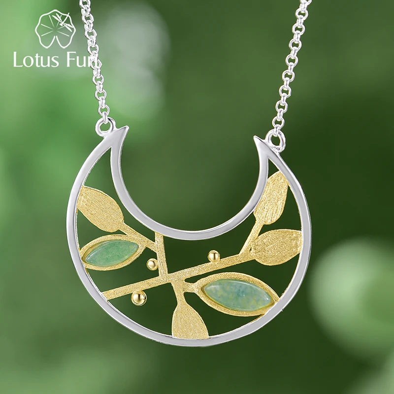 Lotus Fun 925 Sterling Silver Natural Aventurine Stone Fine Jewelry Spring in the Air Leaves Necklace with Pendant for Women