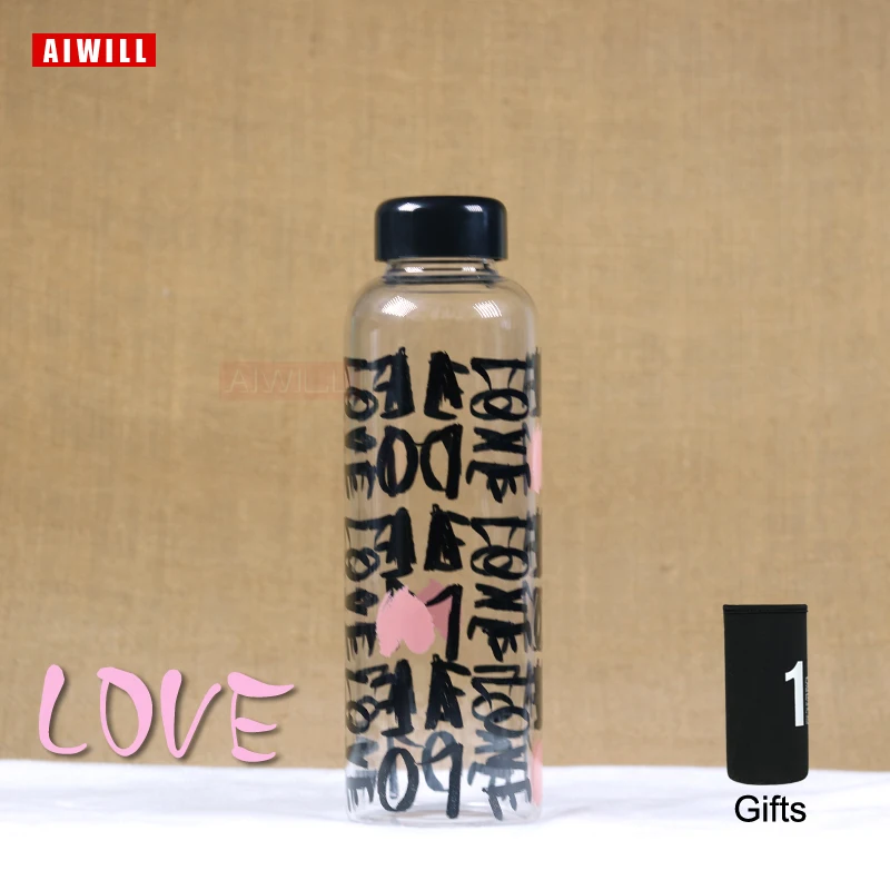 AIWILL Hot Fashion creative 450-500ml glass water bottle glass beautiful gift women water bottles with cover sport outdoor