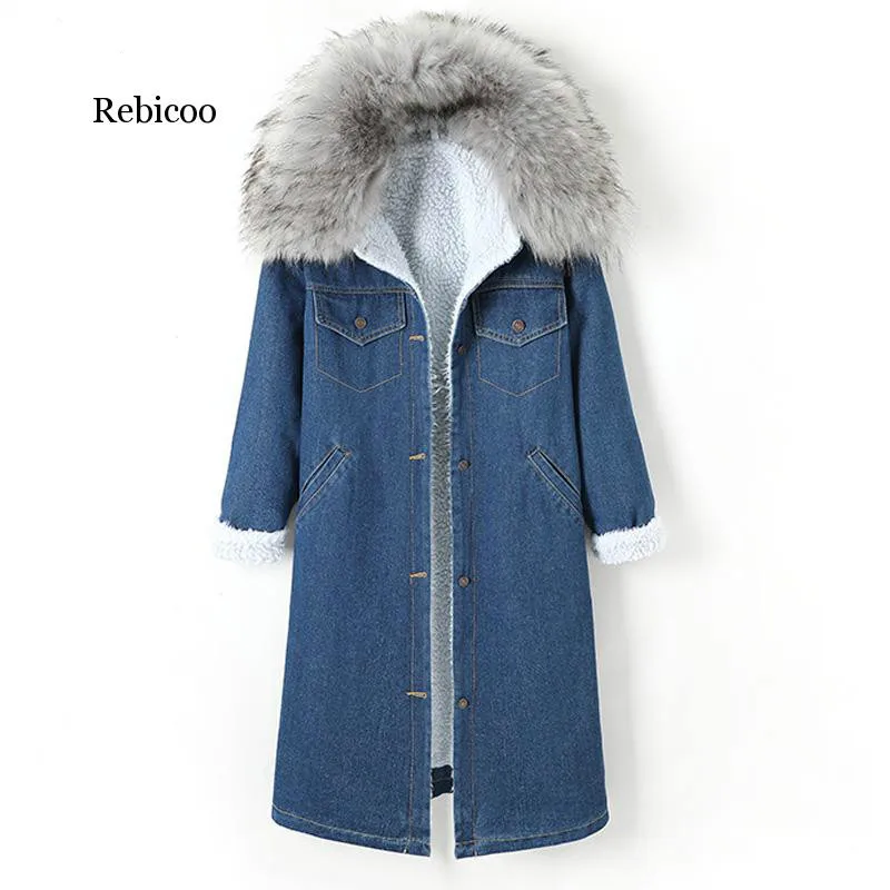 

Winter Long Parka Big Flaux fur collar thick Warm Denim coat Plus velvet Fleece Multi-pocket Pocket jean Jacket Women