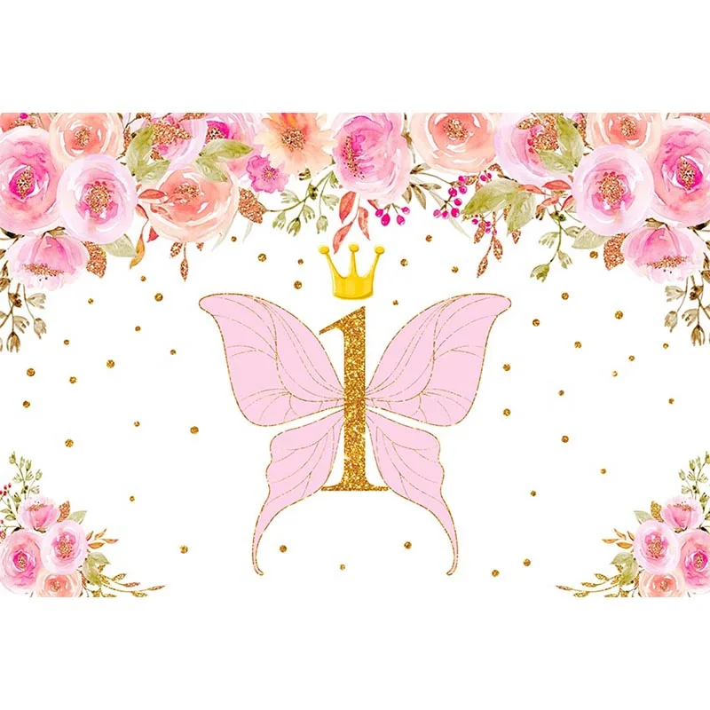 Mehofond-생일 축하 파티 배경 핑크 나비 공주 왕관 꽃 사진 배경, Photocall 장식 소품