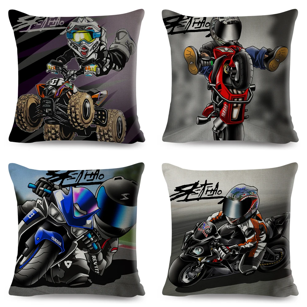 Cartoon Motorcycle Cushion Cover for Sofa Home Car Decorative Colorful Extreme Sport Mobile Bike Pillowcase Pillow Case 45x45cm