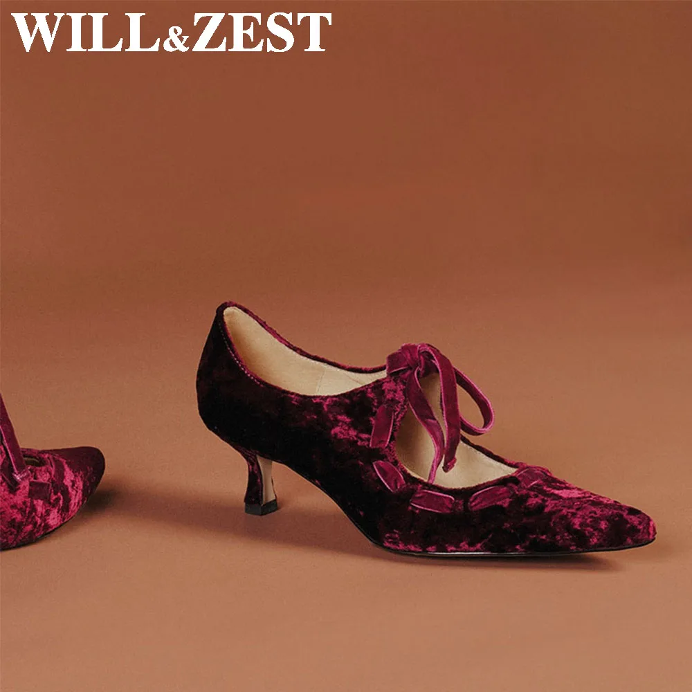 Will & Zest scarpe da sposa per donna sposa 2020 nuova donna Scarpin donna tacchi alti Sexy stringate velluto coreano viola scarpe Vintage