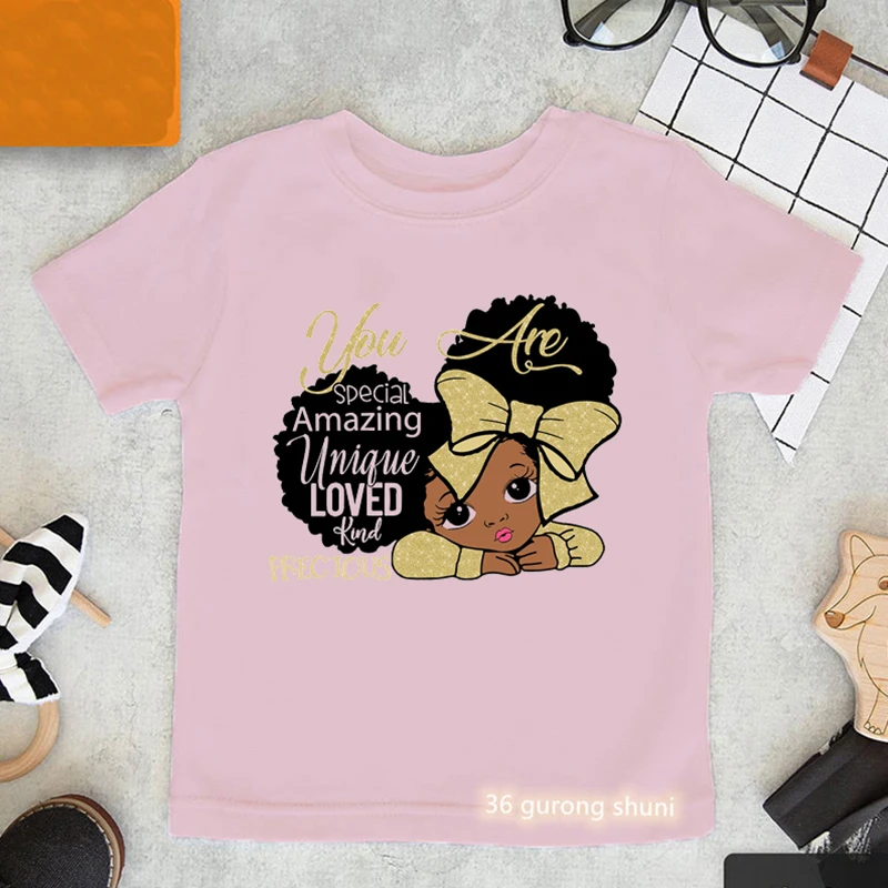 Funny Pink Bow Sweet Graphic Print T-Shirt Kawaii Kids Clothes Black Girl Magic Tshirt Harajuku Shirt Kawaii Children Clothing