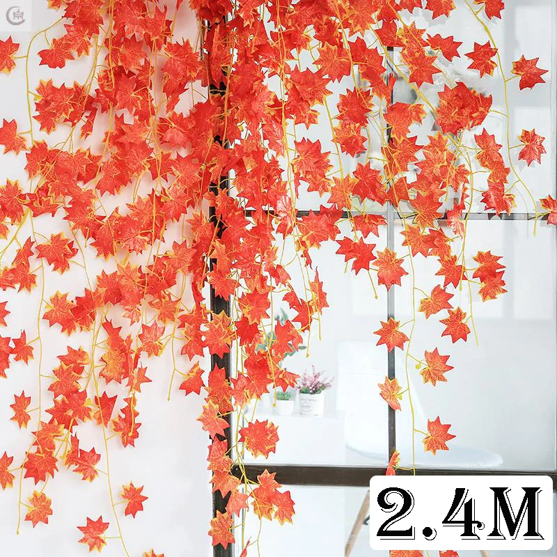 2.4m Simulation Maple Leaf Bunch Artificial Cloth Autumn Maple Leaf Rattan Garland Hanging Decor Thanksgiving Party Home Decor