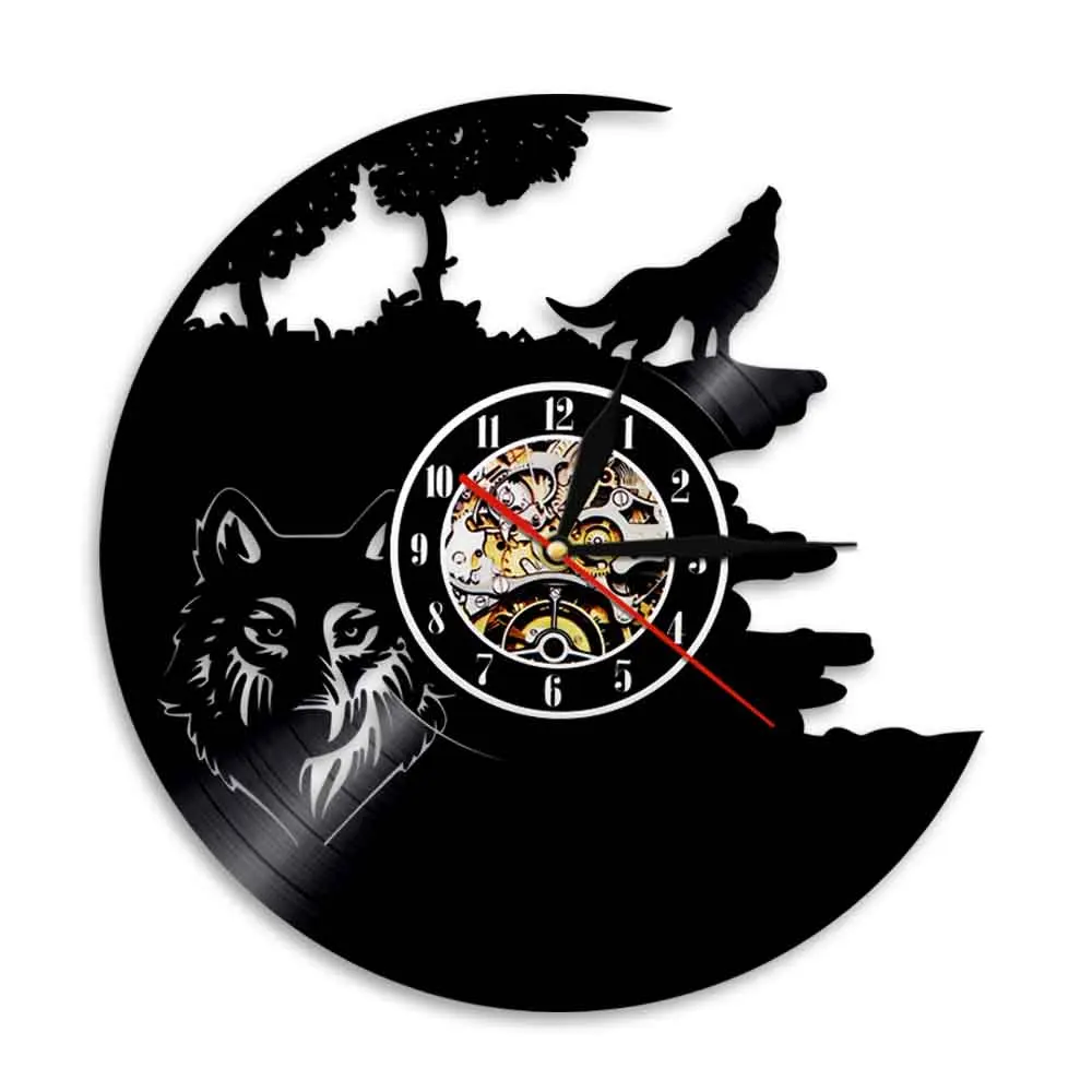 Wolf Head Vinyl Record Wall Clock Woodland Howling Wolf At the Moon Wild Animal Hanging Clock Modern Design Animal Art Decor