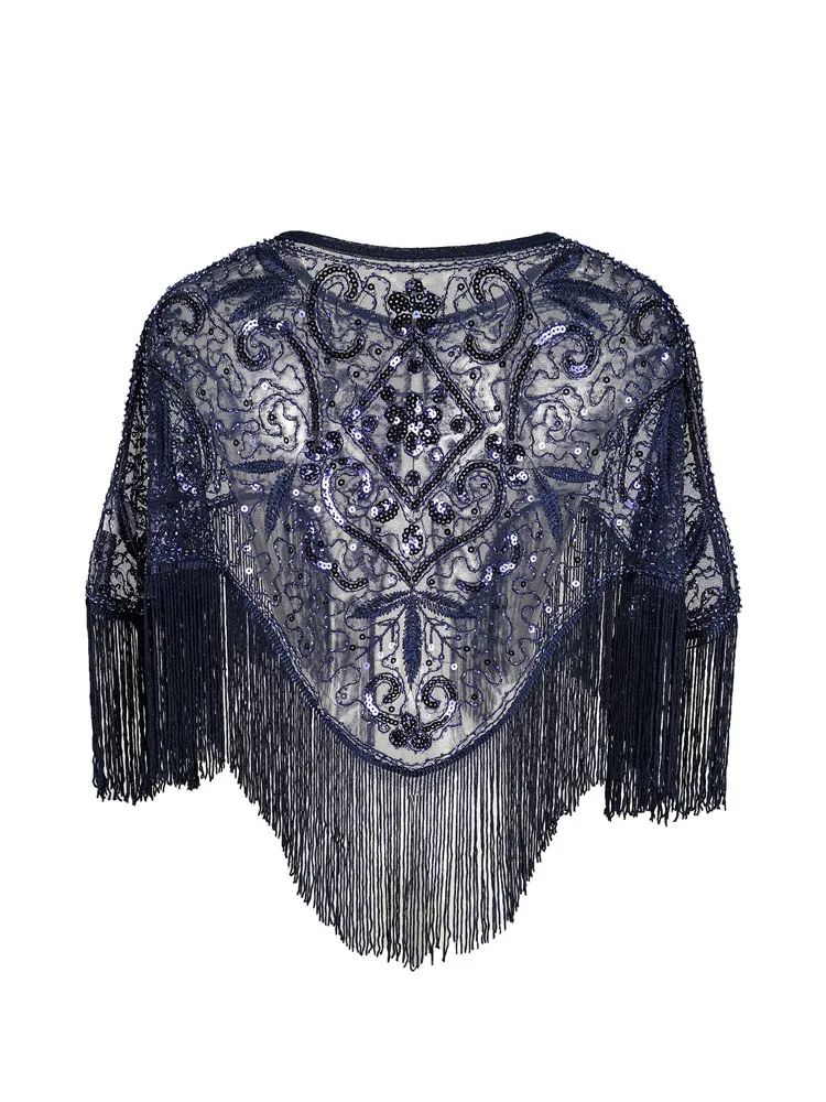 1920s Gatsby Premium Sequin Embroidered Shawl With Abstract Floral Design and Tassels Wedding Capelet