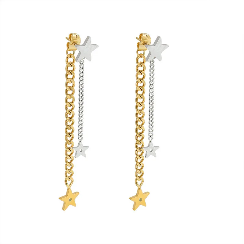 

French Tarnish Free Stainless Steel Gold Plated Tassel Cuban Chain Star Stud Earrings for Women Trendy Jewelry Gift