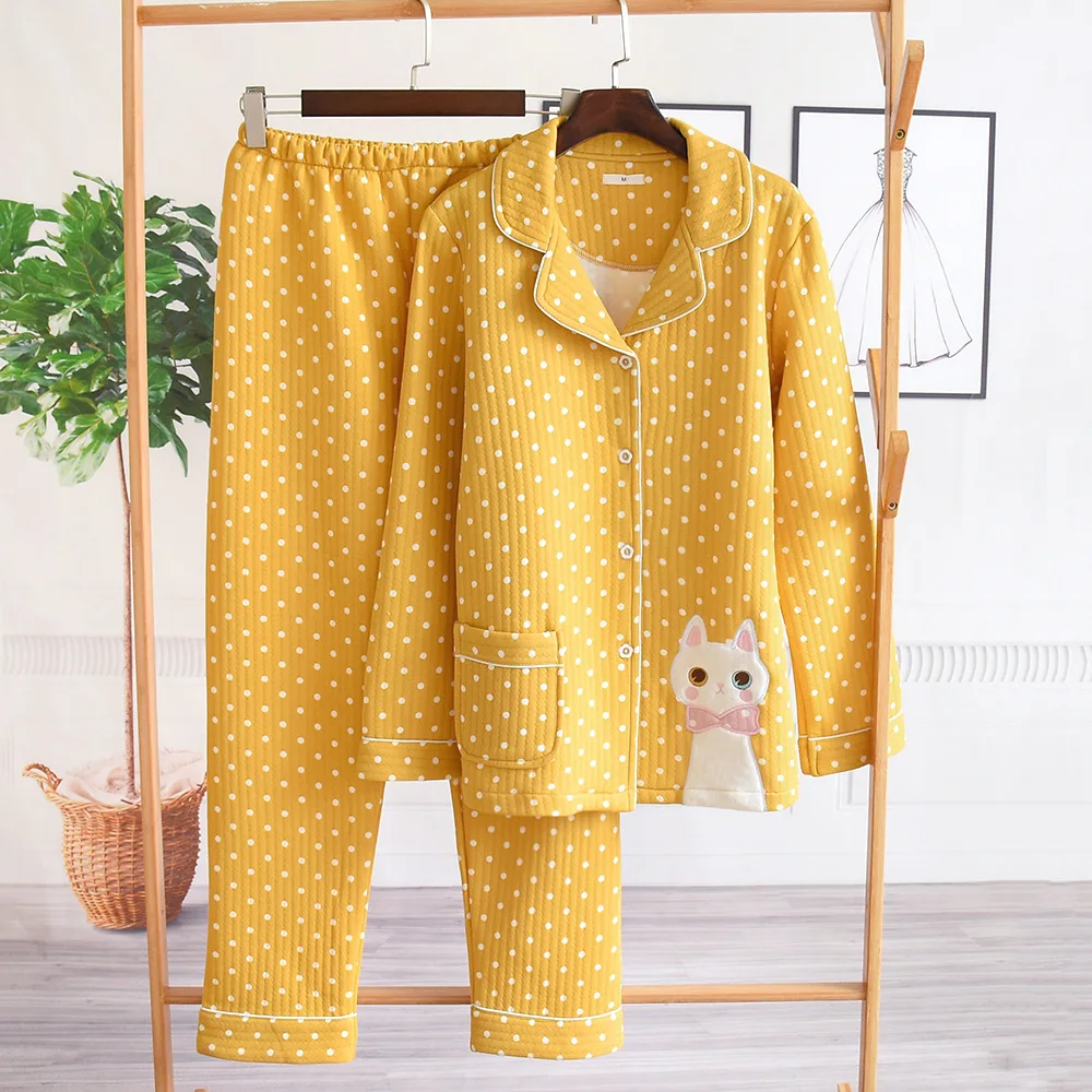 2024 Winter 100%Cotton Pajamas For Women Thick Warm Home Clothes Suit Kawaii Cat Embroidery Homewear Female Lounge Wear Autumn