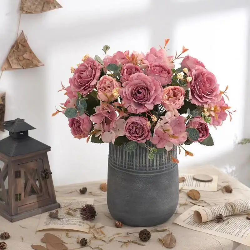 Künstliche Blumen, Retro-Seidenrosen-Blumenstrauß, Hortensien, Pfingstrosen, Vintage-Brautstrauß, künstliche Pflanzen, Dekoration für Zuhause und Hochzeiten, Accessoires. – Detail 3