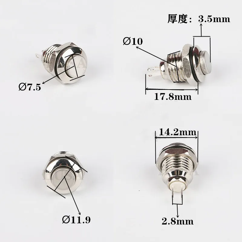 1 pcs10m 2 핀 패널 구멍 소형 금속 버튼 스위치 전원 버튼, 하이 헤드 셀프 리셋 용접 IP67 1no