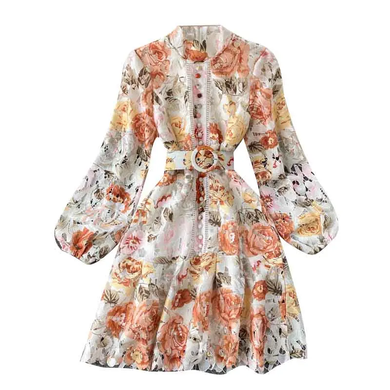 Autumn Fashion Runway Long Sleeve Dress Women's Stand Collar Multicolor Floral Print Vintage Elegant Dress 2023 vestido de mujer