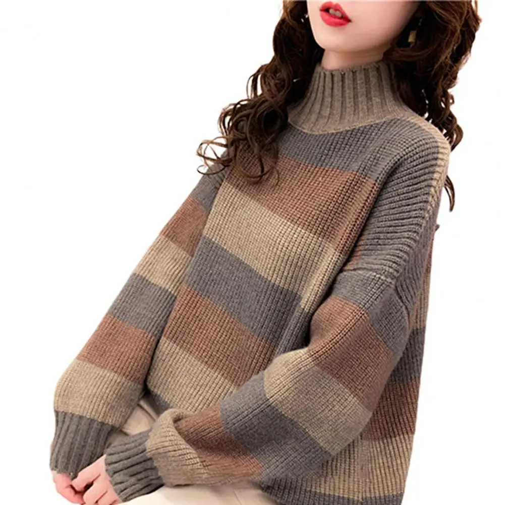 Women Sweater Long Sleeve Mock Neck Color Block Sweater tops Autumn Knitwear Jumper