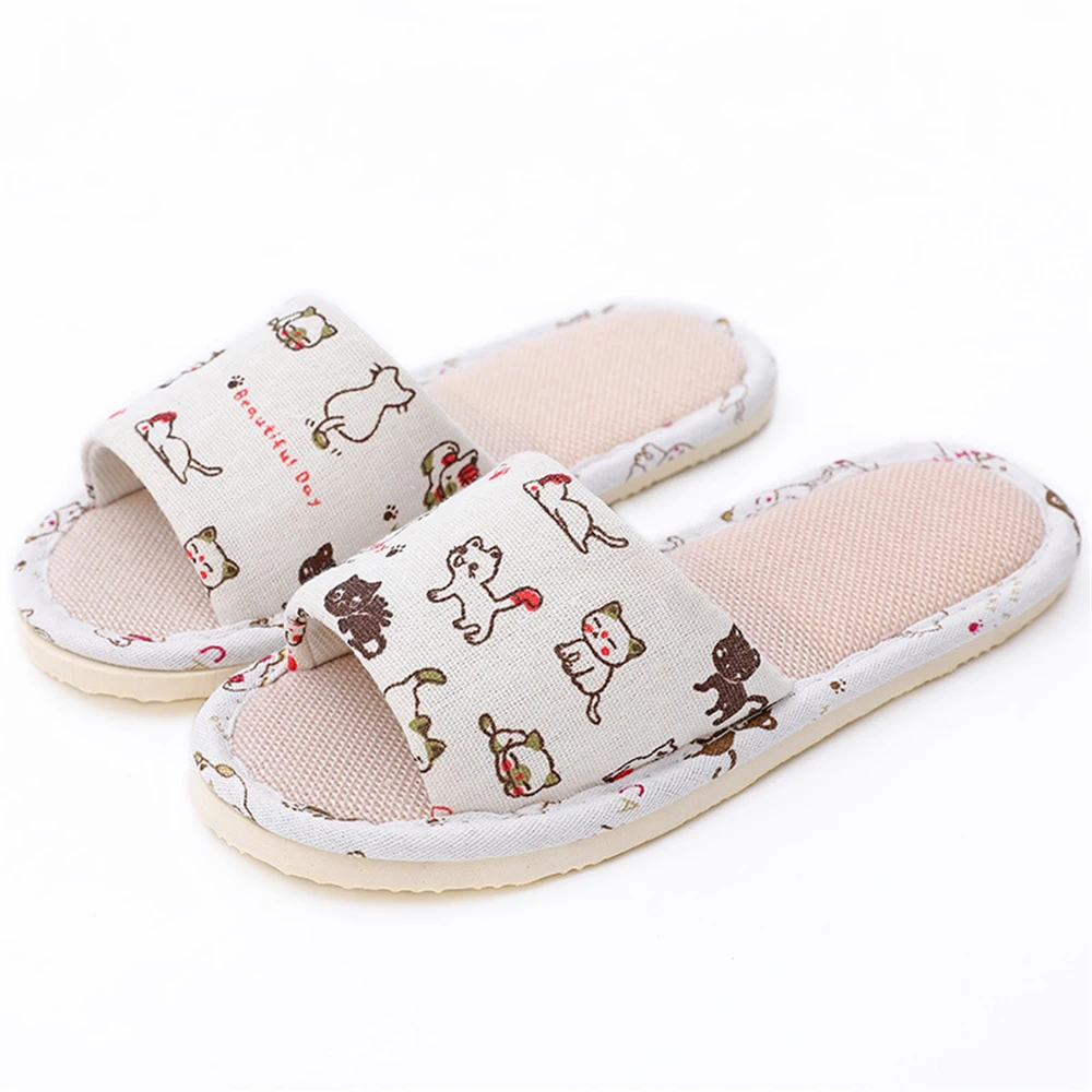 Women Home Slippers Indoor Floor Soft Couple Linen Slipper Floral Lightweight Unisex Bedroom Shoes Ladies Open Toe Flip Flops