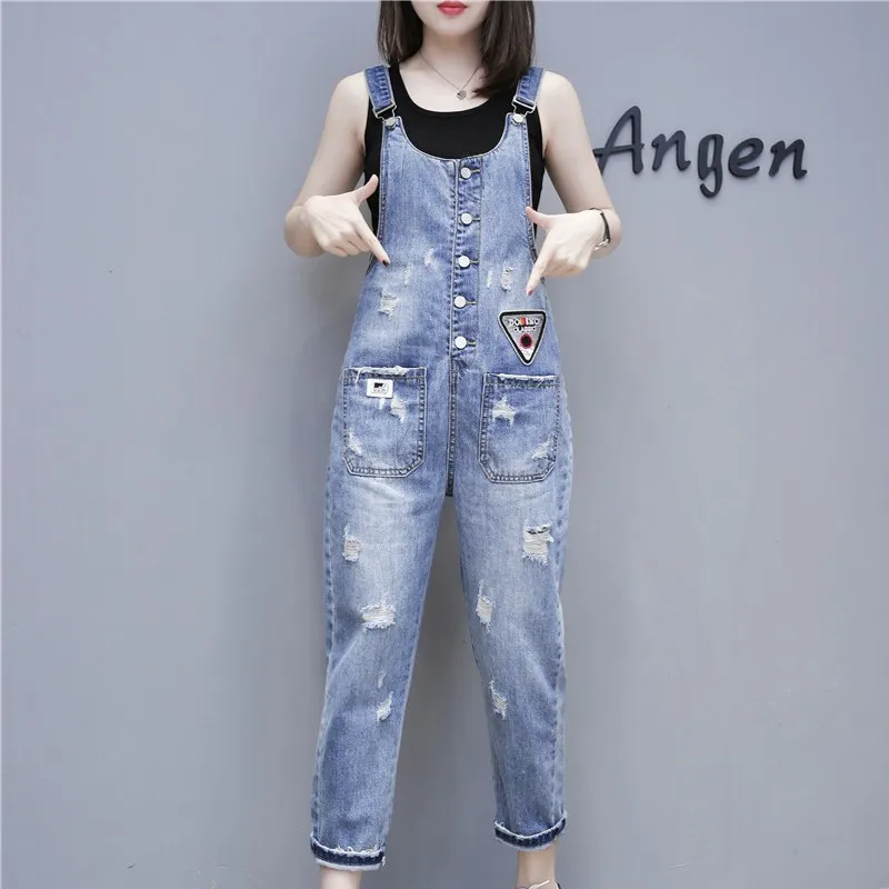 Primavera moda novas tiras macacão feminino estilo preppy rasgado buraco solto denim macacão casual de cintura alta playsuits jeans