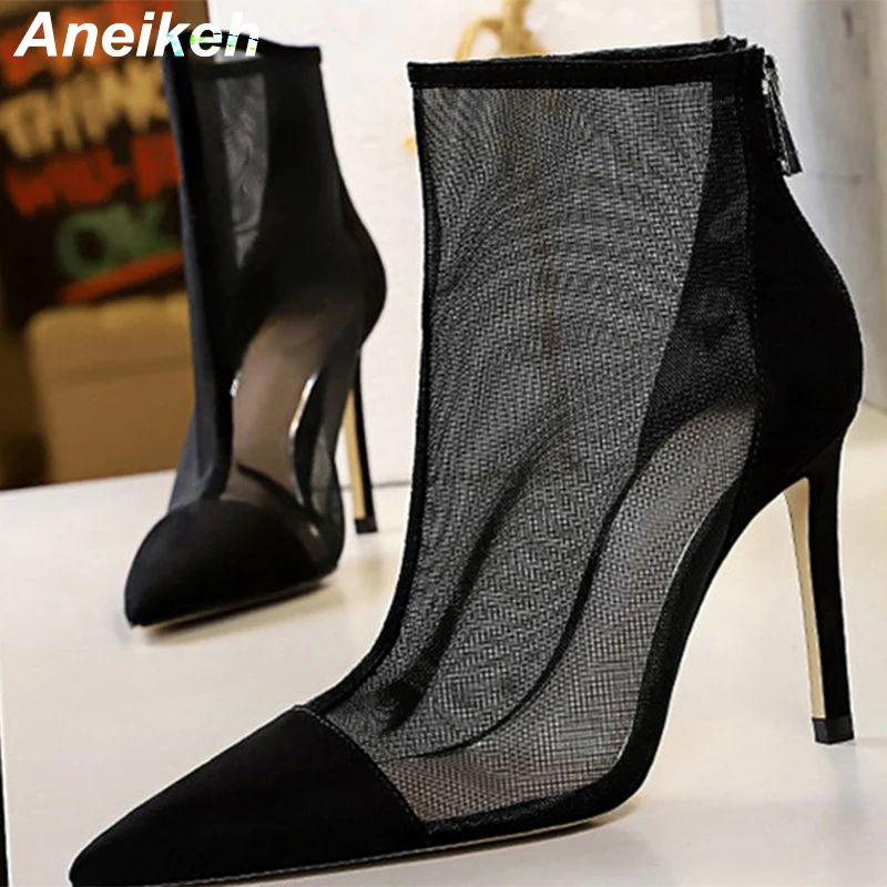 Aneikeh NEW 2024 Fashion Summer Ventilation Mesh Ladies Boots ANKLE Pumps 9.5CM Thin Heels Pointed Toe ZIP Solid Women\'s Shoes