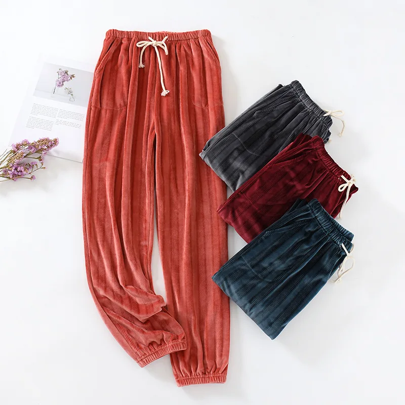 Japanese style autumn and winter couple sleep pants home pants flannel men and women thick warm large size coral velvet trousers