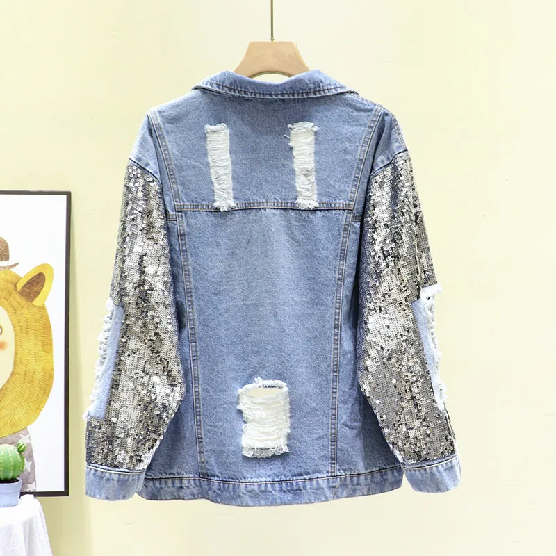 Korean Sequins Washed Blue Hole Denim Coat Women Loose Vintage Casual Casual Jean Jacket Long Sleeve Female Spring Basic Coat