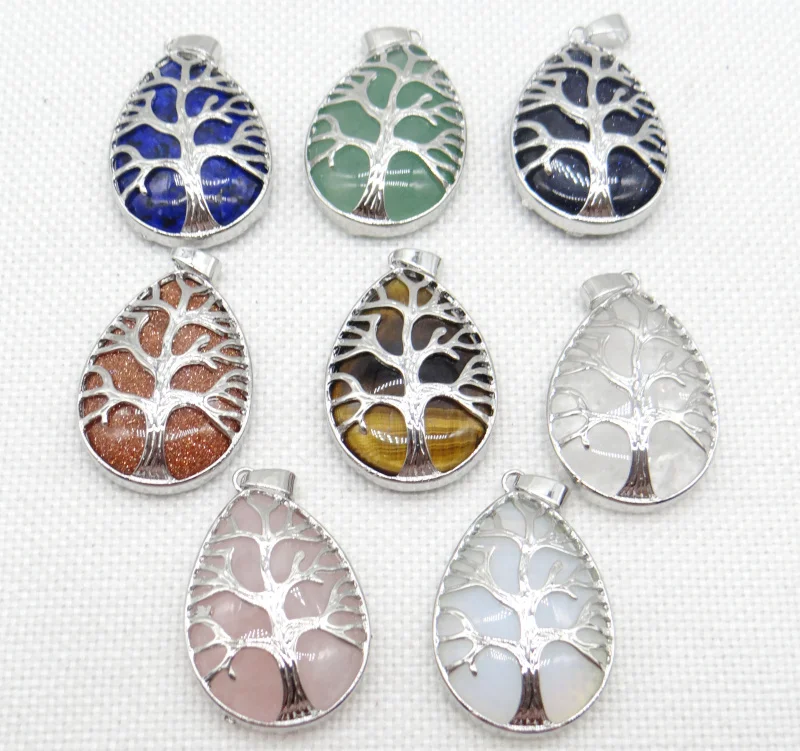 

Natural Gem Stone Quartz Lapis Pendant Handmade Silver Color Tree Of Life Teardrop Shaped For DIYJewelry Necklace Making 12pcs
