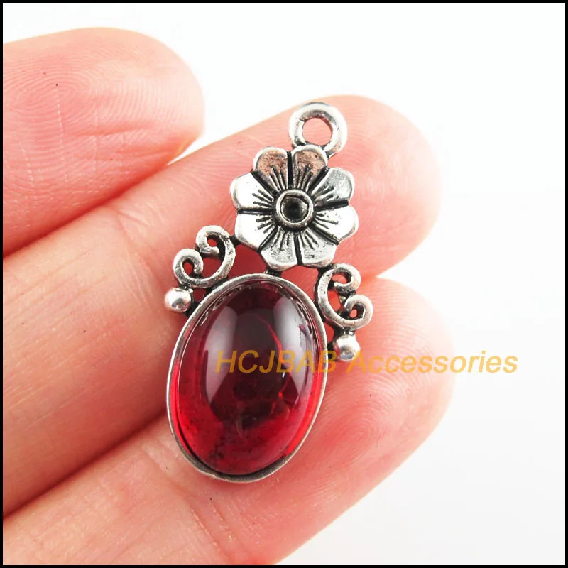 8個のチベットのシルバートーン楕円赤の釉薬チャーム花のペンダント15x29mm