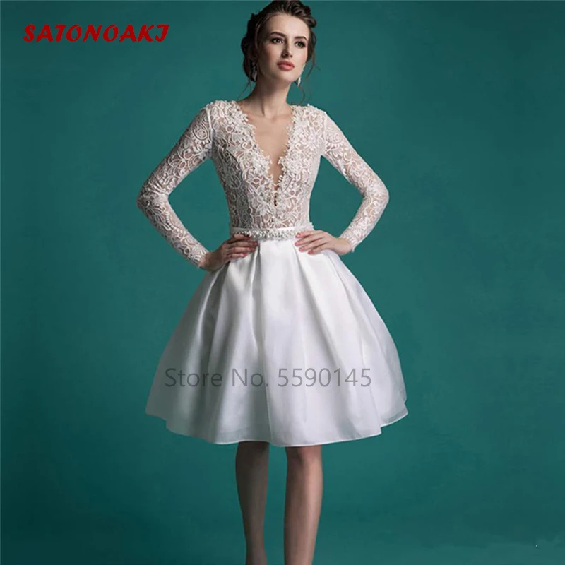 Vestido De novia Vintage De encaje, traje corto hasta la rodilla con cuello en V y mangas largas De perlas, personalizado, novedad De 2024