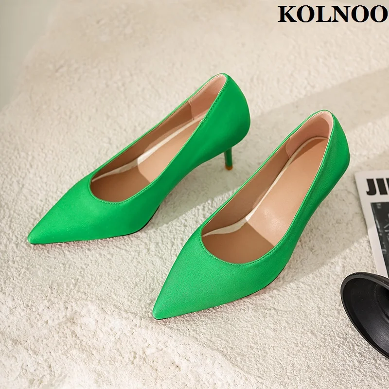 

Kolnoo New Handmade Ladies 6cm Mid Heels Pumps Satin Leather Slip-on Party Prom Dress Shoes Real Photos Fashion Court Club Shoes