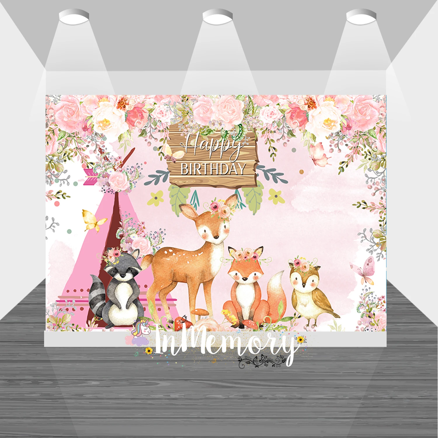 

Pink Girls First Birthday Background Wild one Photocall Tent Cartoon Animal Woodland Party Photo Backdrops for Photo Studio