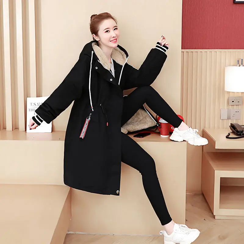 Padded Parkas Women\'s Cotton Jacket 2022Winter Coat Add Velvet Thick Hooded Jacket Ladies Lambswool Coat Women Parkas Black Y564