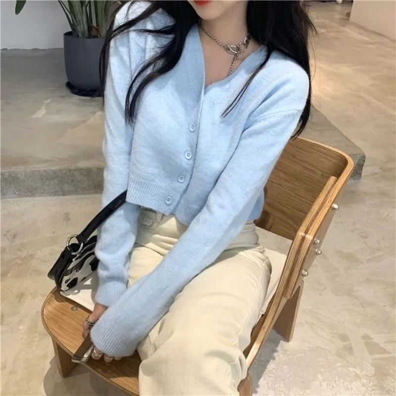 Cardigan Women Sweater Blue Sweet Simple Solid Color Long Sleeve Warm Spring Autumn Single Breasted V-neck Girls All-match Crop