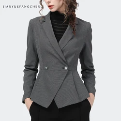 Vintage Gray Plaid Women Blazer 2021 Autumn New Ladylike Female Short Slim Coat Office Ladies Work Wear Cinched Waist Blazers