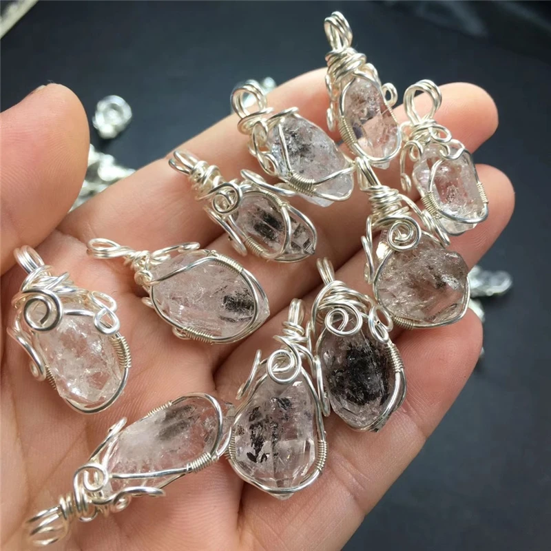 1pc S925 Natural Stone Herkimer Diamond Pendant Raw Gemstone Crystal Stone Silver Necklace Pendant Healing Jewelry