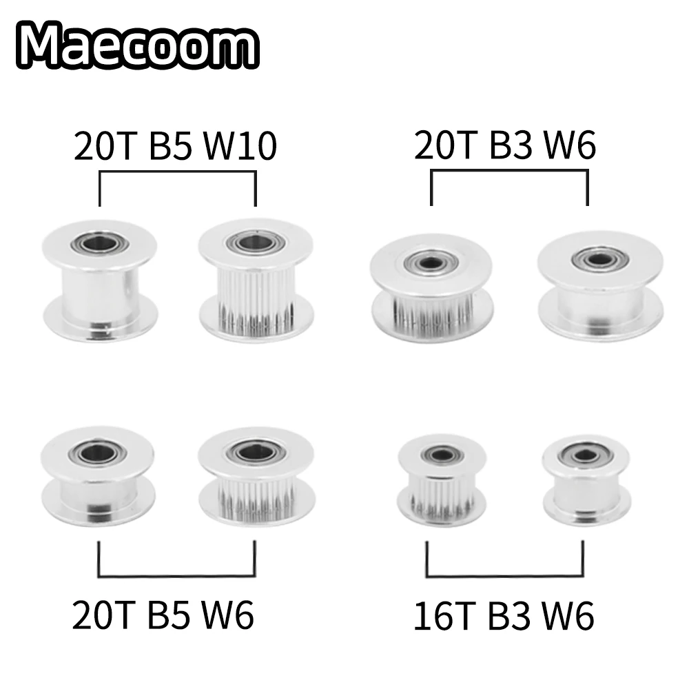 2pcs GT2 Idler Timing Pulley 16/20 Tooth Wheel Bore 3/5mm Aluminium Gear Teeth Width 6/10mm 3D Printers Parts For Ender3v2 Parts