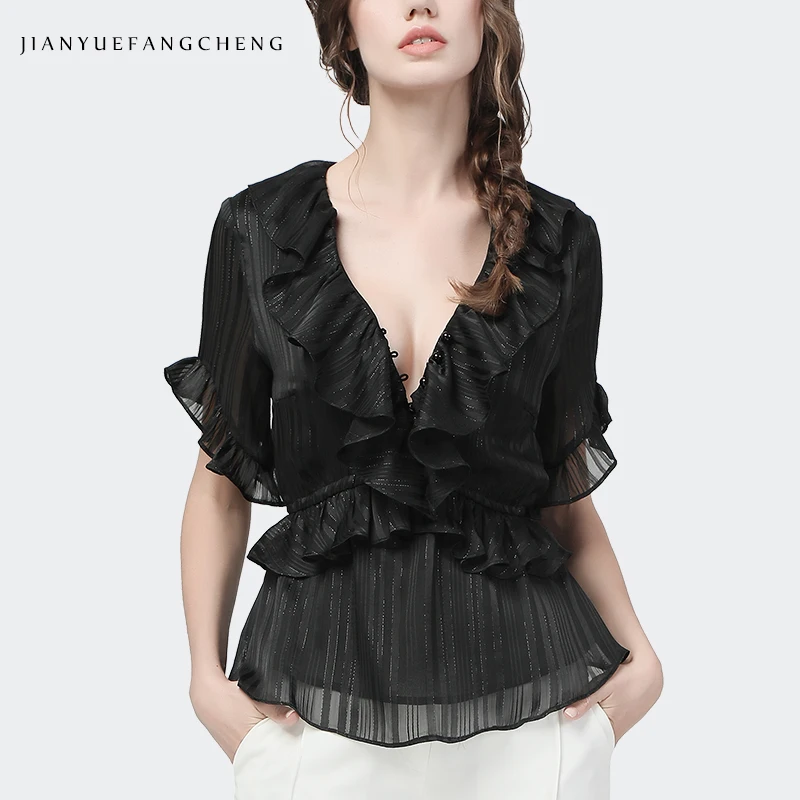 Luxury Bling Sexy Deep V-Neck Ladies Chiffon Blouse Summer New Short Sleeve Ruffles Black Striped Top Plus Size All-Match Shirt