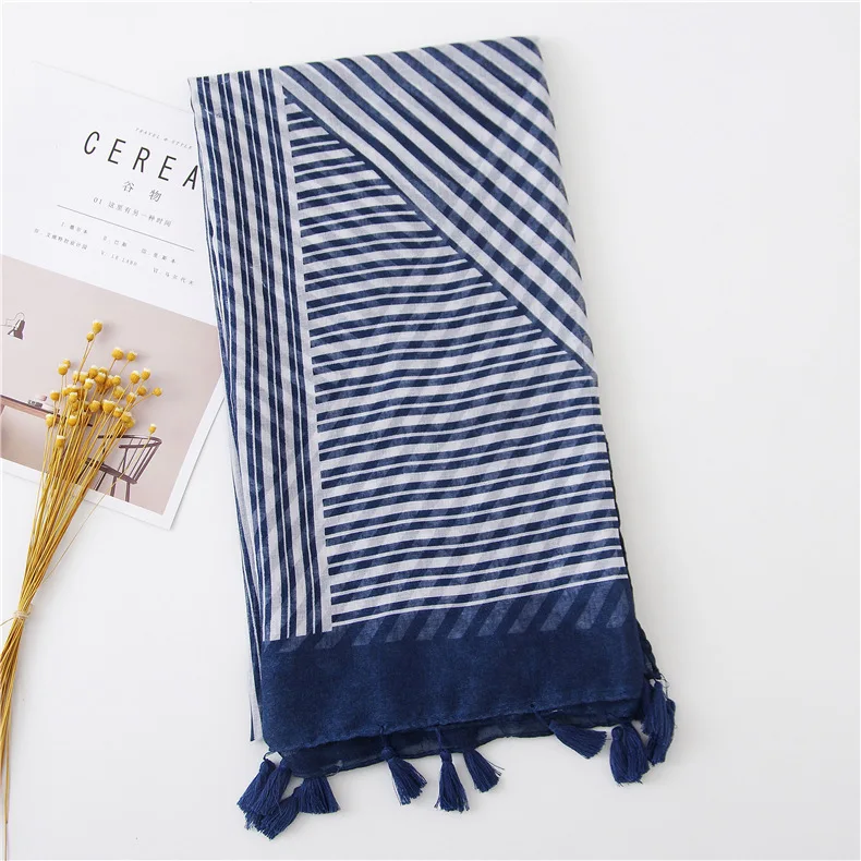 

New Women Navy Blue Striped Line Viscose Shawl Scarf Lady Print Pashmina Scarves Wrap Hijab Sjaal Female Autumn Winter Capes