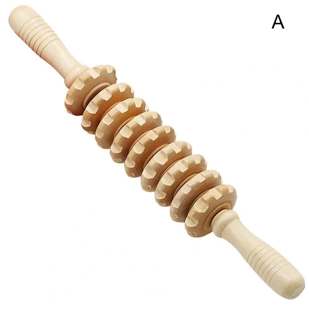 Body Fascia Massager Anti-slip Handle Wood Grooved Gear Arms Legs Thighs Buttocks Smooth Roller Massager for Back Relaxation