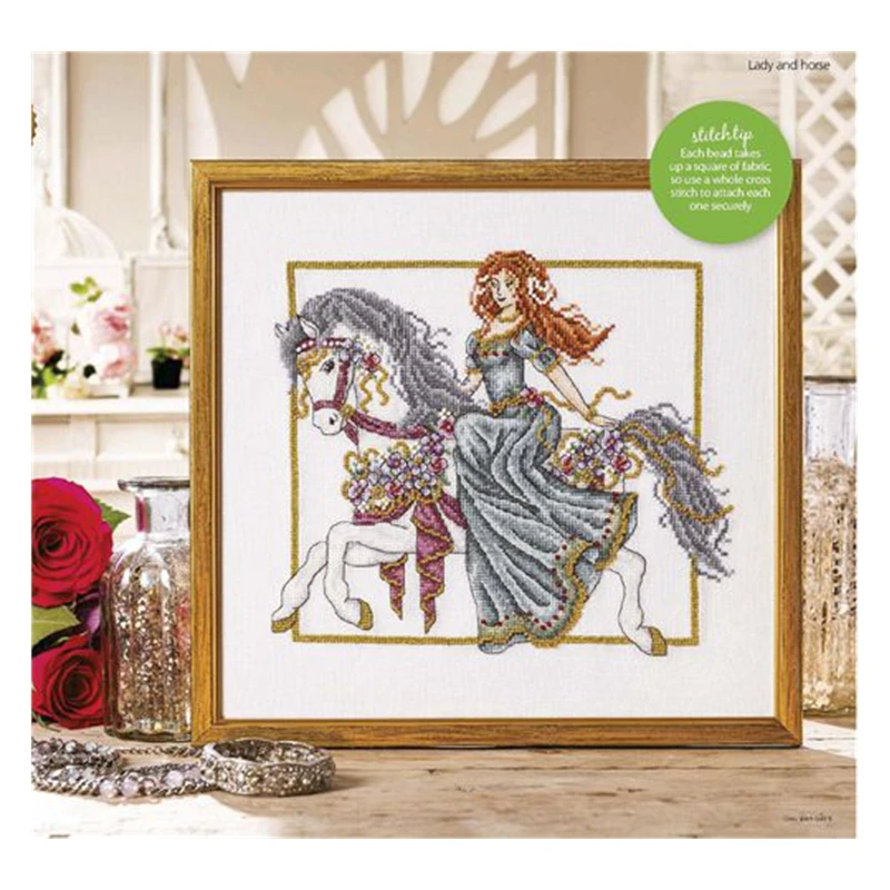 European Magazine Style Horseback Riding Medieval Lady Cross Stitch Cotton Print Kit 11ct14ct18ct Hand Embroidered Material Pack