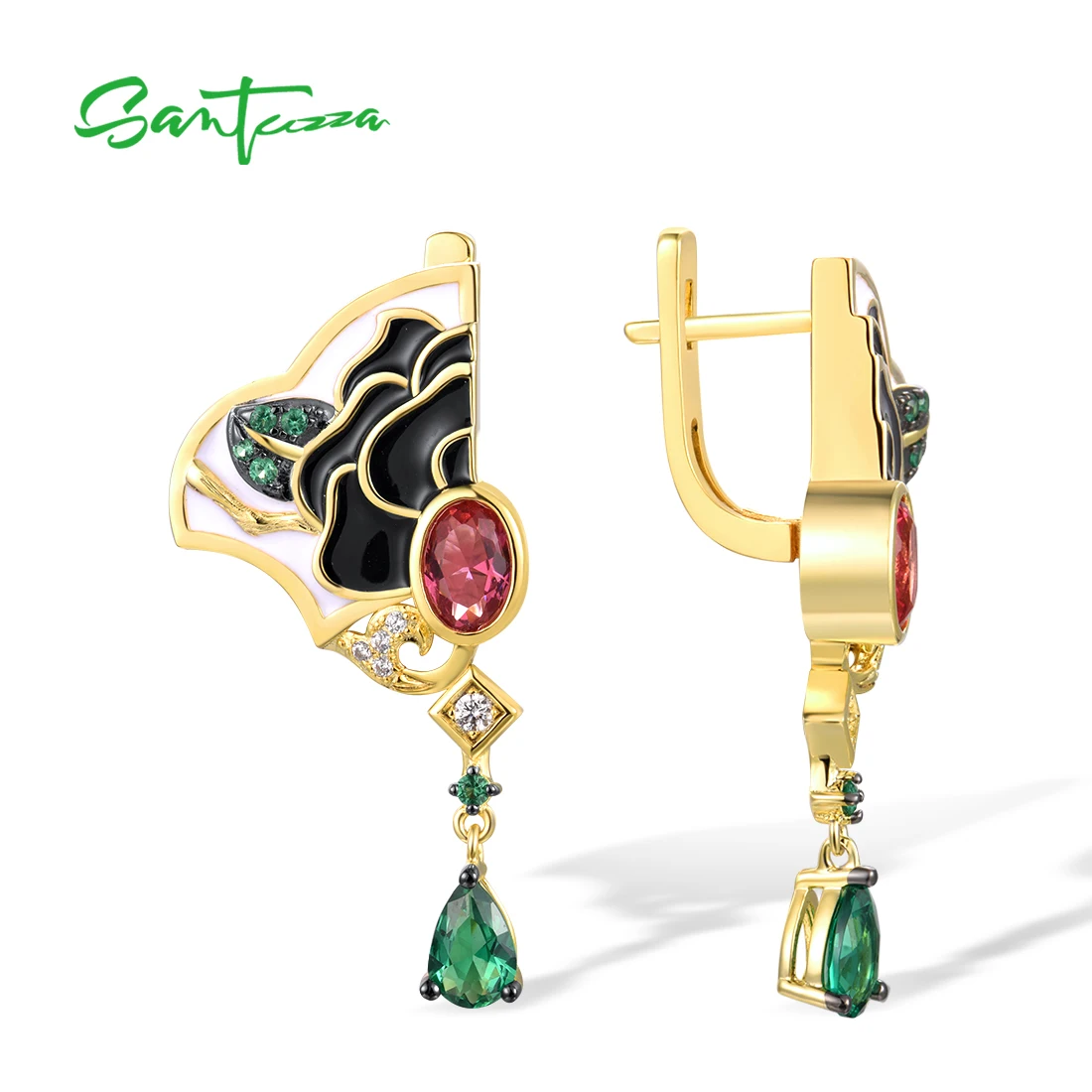 SANTUZZA 925 Sterling Silver Earrings For Women White CZ Green Spinel Enamel Peony Gorgeous Gold Color Fine Jewelry Handmade